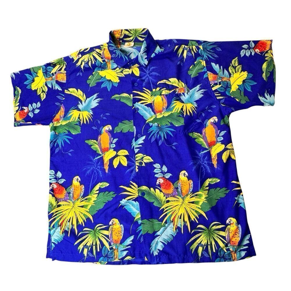 Vintage Barefoot Attitude Sz L Hawaiian Shirt Parrot Palm Print Blue Tropical